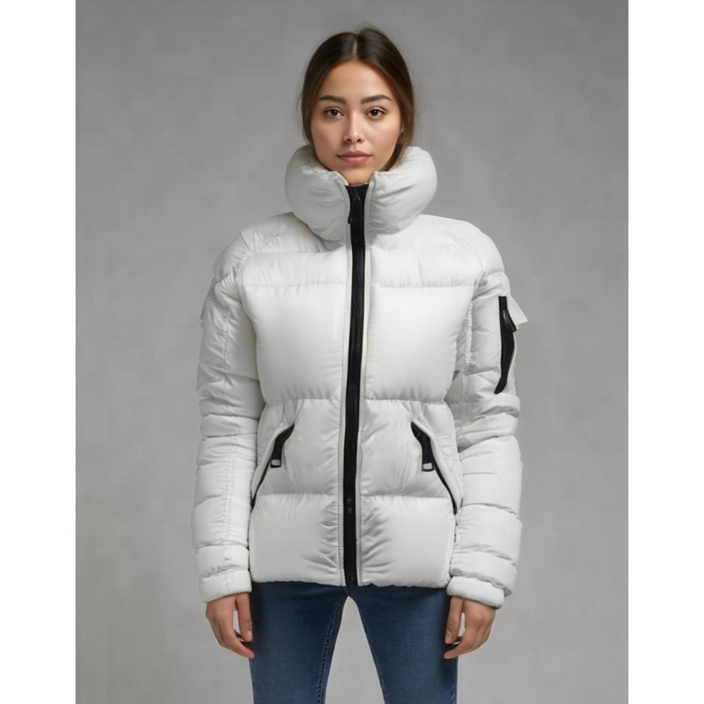 SAM. Women's Goose Down Puffer Jacket Off White Black Trim High Collar Sz Small